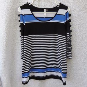 Blue, Black & White Striped Scoop Neck Cut Out Quater Sleeve Top